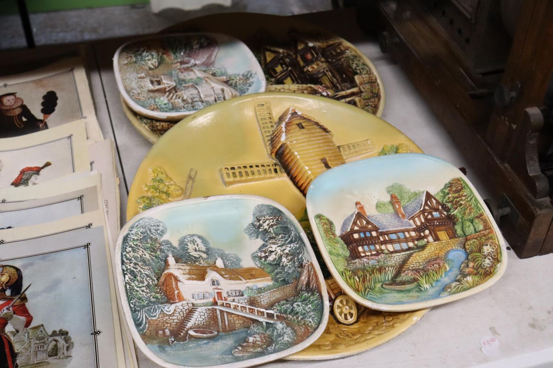 FIVE VINTAGE 3-D WALL PLAQUES TO INCLUDE COTTAGES, ETC