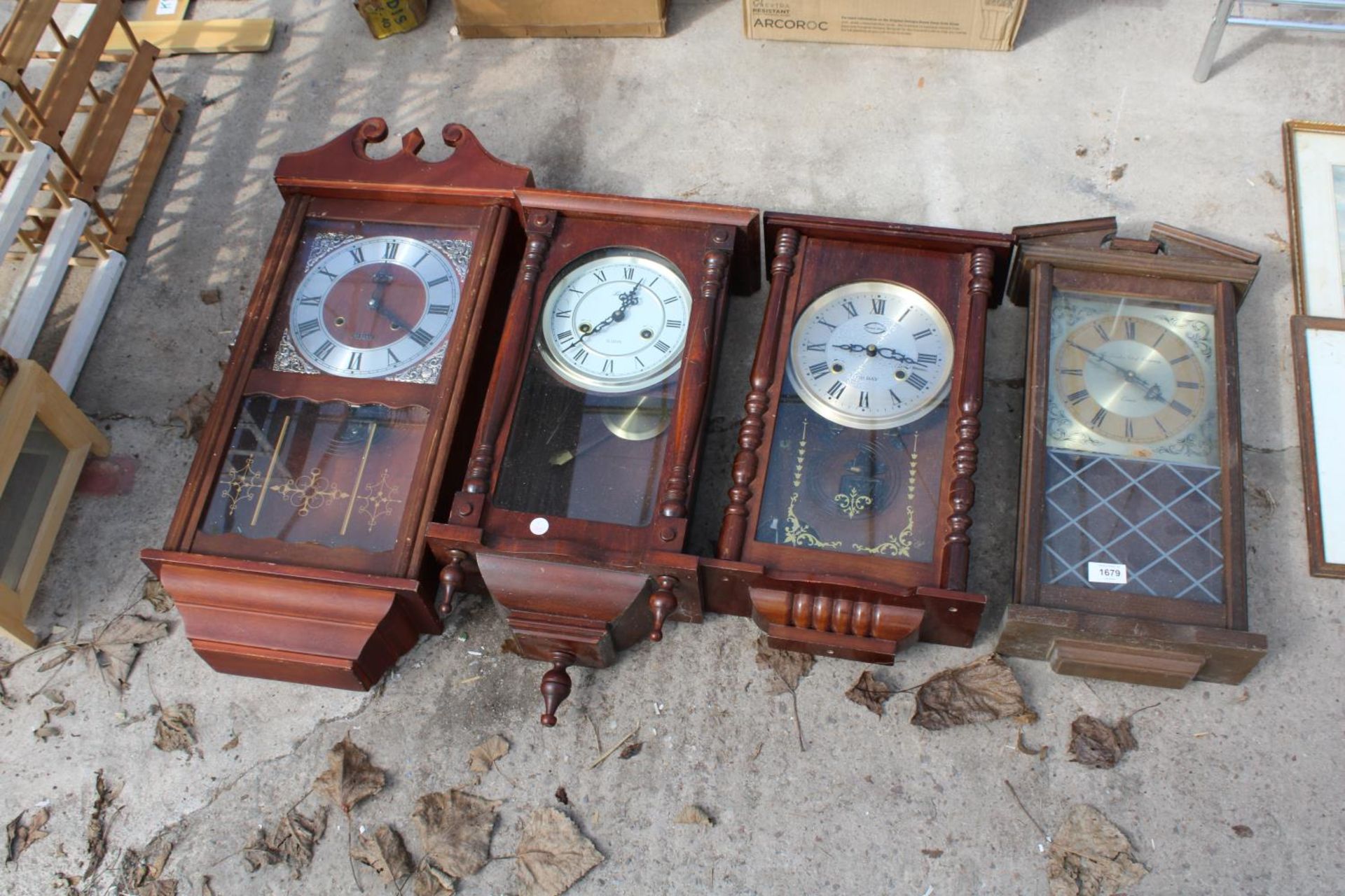 FOUR VARIOUS WOODEN CASED WALL CLOCKS TO INCLUDE THREE CHIMING EXAMPLES