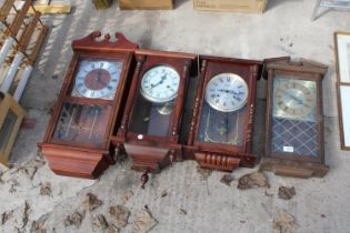 FOUR VARIOUS WOODEN CASED WALL CLOCKS TO INCLUDE THREE CHIMING EXAMPLES