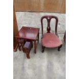 A MODERN MAHOGANY AND CROSS BANDED NEST OF THREE TABLES AND VICTORIAN MAHOGANY LOW CHAIR