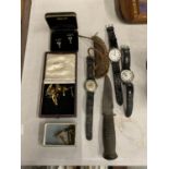 A MIXED LOT TO INCLUDE THREE WRIST WATCHES, A KNIFE IN SHEATH PLUS A SELECTION OF CUFFLINKS