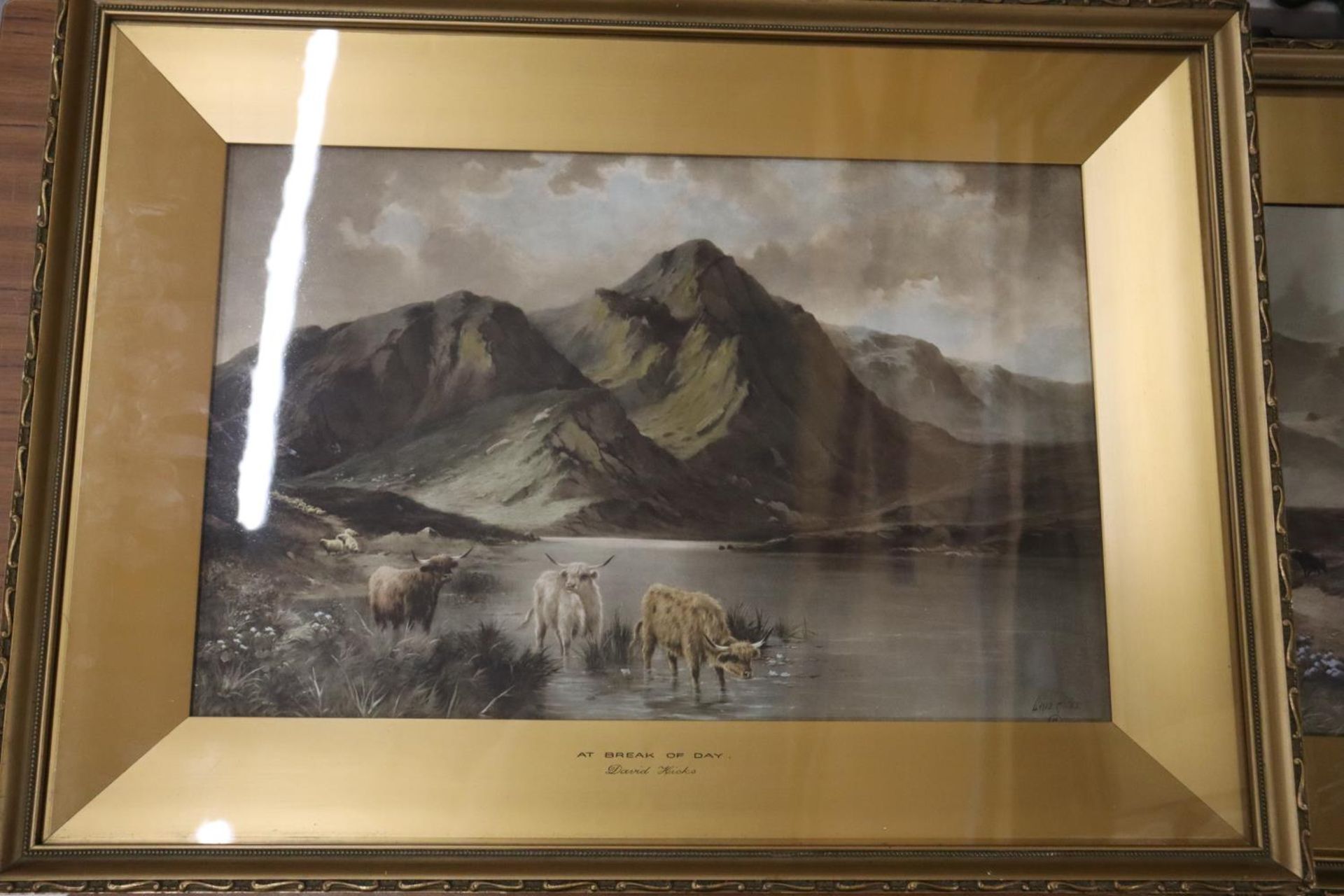 A PAIR OF GILT FRAMED PRINTS BY DAVID HICKS, OF HIGHLAND CATTLE IN A MOUNTAIN SETTING, 'AT BREAK - Image 2 of 8