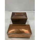 TWO BOXES TO INCLUDE A BRASS AND COPPER LIDDED AND AN SARCOPHAGUS SHAPED TEA CADDY WITH TWO INNER