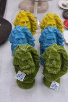 SIX FLOCK COVERED, COLOURED, CLASSICAL BUSTS