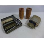 TWO WOODEN MARK I N 1 BREECH SPACERS AND TWO MILITARY GUN CLEANING KITS