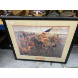A FRAMED COLOURED PRINT 'THE CAPTIVE EAGLE' - A FAMOUS SCENE FROM THE BATTLE OF WATERLOO. 58CM X