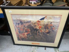 A FRAMED COLOURED PRINT 'THE CAPTIVE EAGLE' - A FAMOUS SCENE FROM THE BATTLE OF WATERLOO. 58CM X