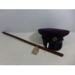 A ROYAL ARMY SERVICE CORP CAP SIZE 58 AND A LEATHER SWAGGER STICK