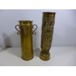 TWO BRASS WORLD WAR I TRENCH ART SHELL VASES, HEIGHTS 29CM AND 34CM