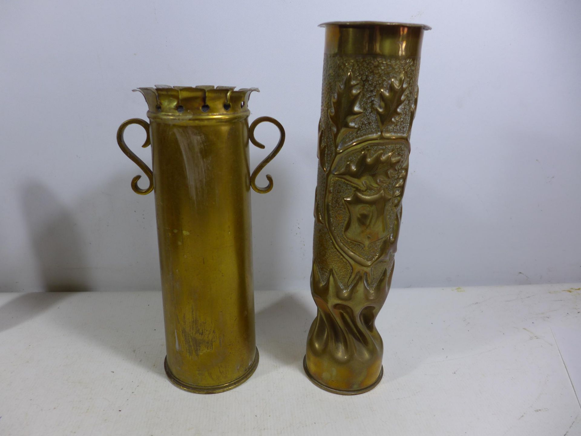 TWO BRASS WORLD WAR I TRENCH ART SHELL VASES, HEIGHTS 29CM AND 34CM