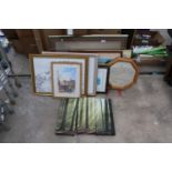 AN ASSORTMENT OF FRAMED AND UNFRAMED PRINTS AND MIRRORS ETC