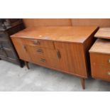 A RETRO TEAK SIDEBOARD ENCLOSING THREE DRAWERS AND TWO CUPBOARDS, 54" WIDE