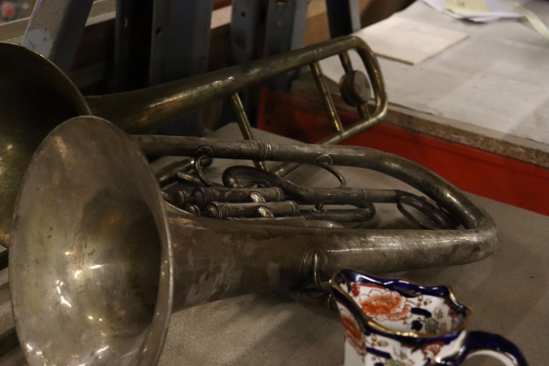 THREE VINTAGE MUSICAL INSTRUMENTS TO INCLUDE A CORNET, BARITONE TENOR HORN AND TROMBONE - Image 4 of 6