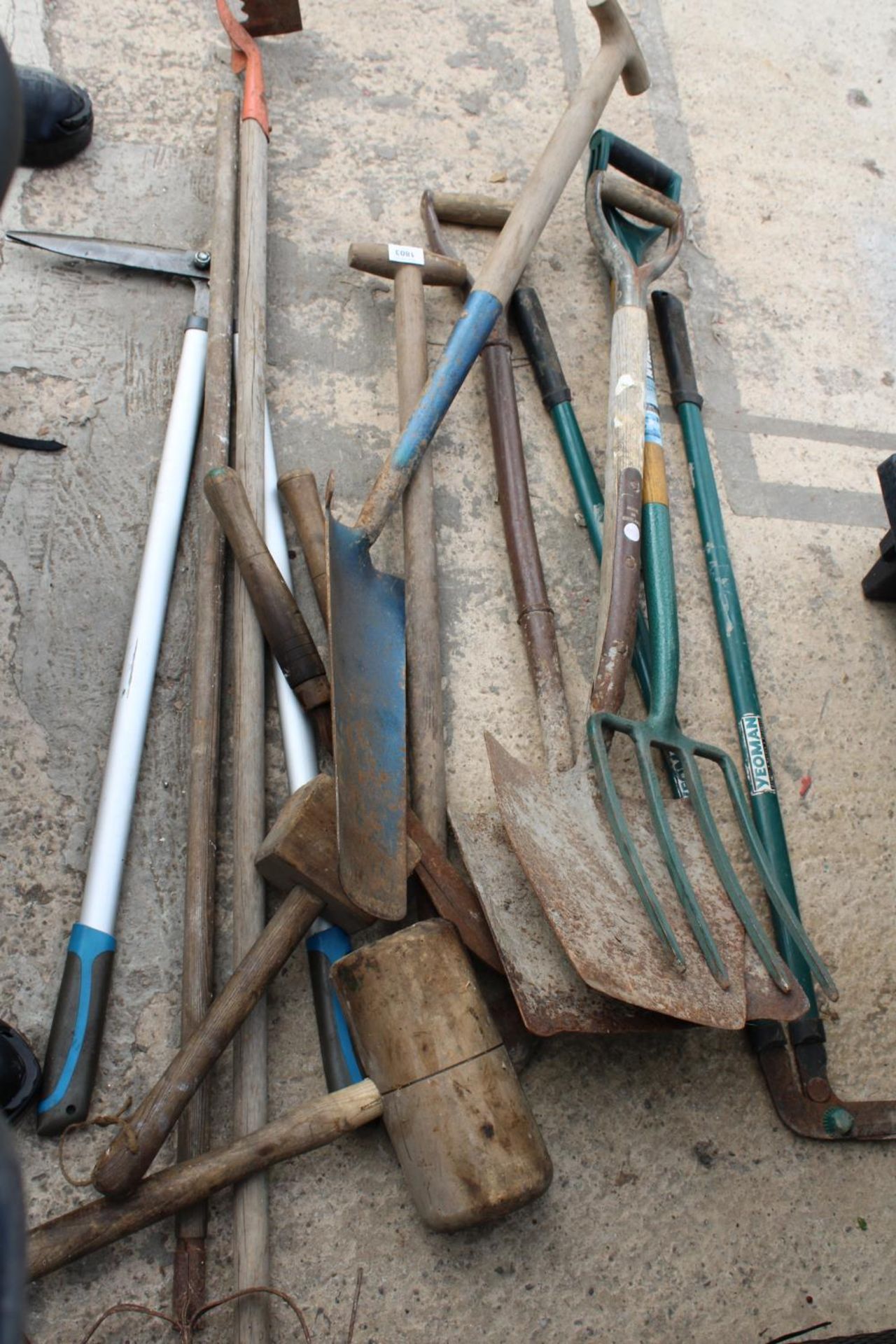 AN ASSORTMENT OF VARIOUS GARDEN TOOLS TO INCLUDE A FORK, A SHOVEL AND A DITCHING SPADE ETC - Bild 2 aus 2