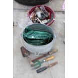 AN ASSORTMENT OF ITEMS TO INCLUDE A GALVANISED BUCKET, AND TOOLS ETC
