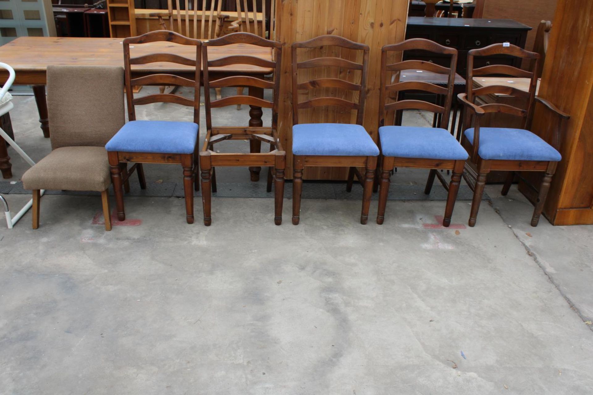 FIVE MODERN LADDER-BACK DINING CHAIRS, ONE BEING A CARVER AND BEDROOM CHAIR