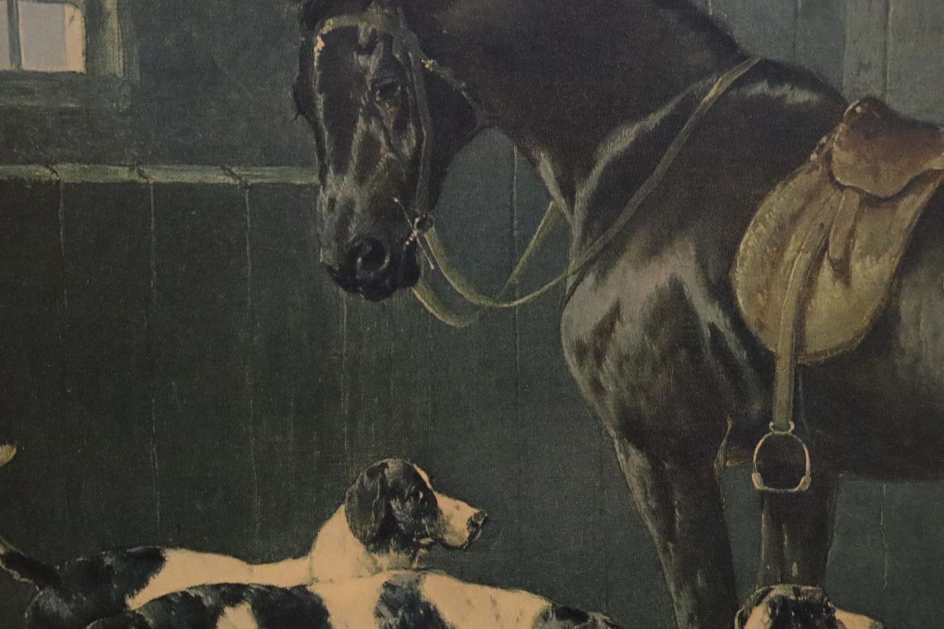 A FRAMED PRINT ON BOARD OF A HORSE AND DOGS IN A STABLE SETTING - Image 4 of 4