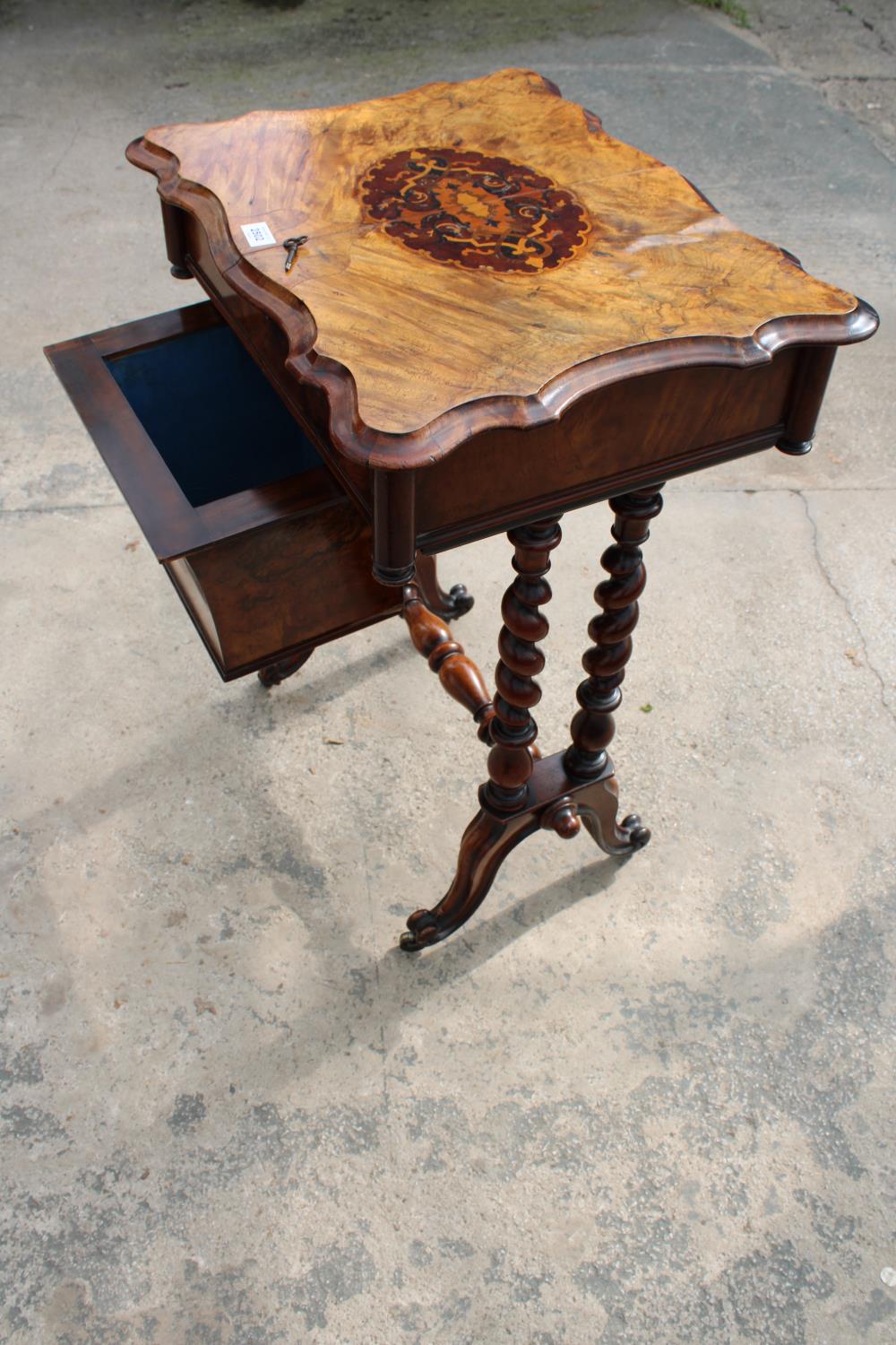 A VICTORIAN WALNUT SEWING TABLE WITH SLIDING TOP ENCLOSING 8 LIDDED COMPARTMENTS, ON BARLEY-TWIST - Image 8 of 10