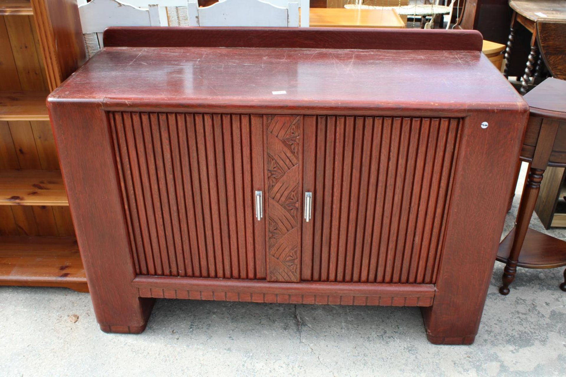 A MID 20TH CENTURY OAK SIDEBOARD WITH TAMBOUR DOORS, 54" WIDE