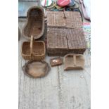 AN ASSORTMENT OF TREEN AND WICKER ITEMS TO INCLUDE TWO HAMPERS, TRUGS AND A LIDDED BOX ETC
