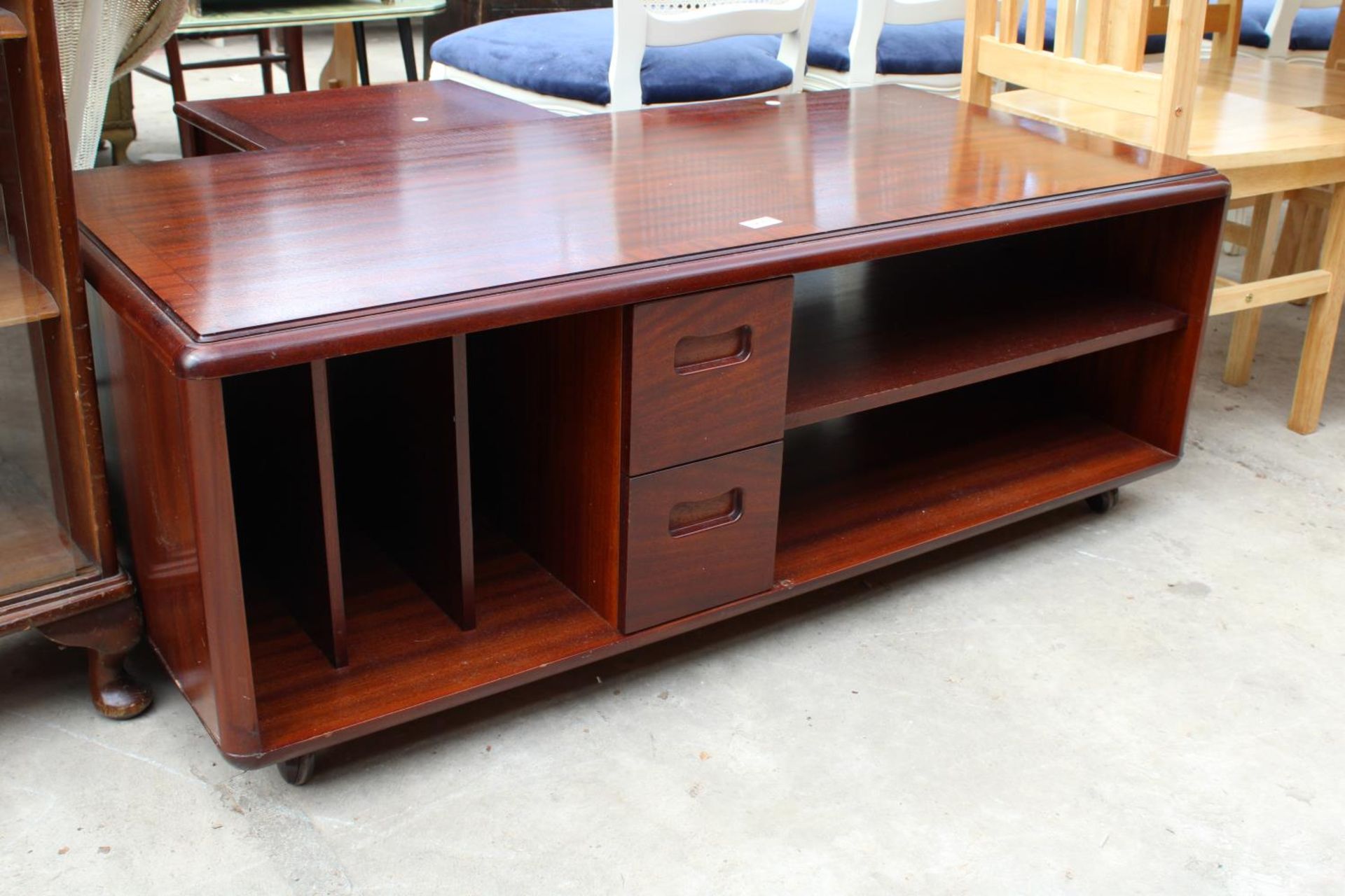 A RETRO MAHOGANY AND CROSSBANDED MEREDEW COFFEE TABLE ENCLOSING DRAWERS, RECORD RACK AND SHELF, - Image 2 of 3