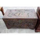 AN ORIENTAL CAMPHOR WOOD CARVED BLANKET CHEST, 41" X 20"