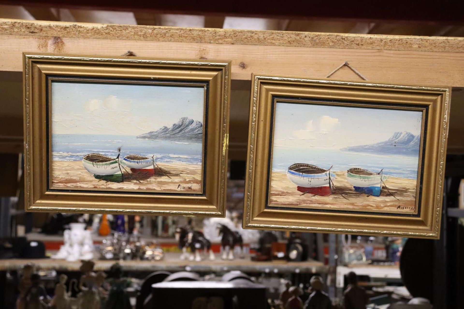 TWO FRAMED MINIATURE OIL ON CANVASES OF BEACH SCENE - INDISTINGUISHABLE SIGNATURE