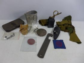 A MILITARY FUSE SETTER, FOLDER STOP, ASSORTED MILITARY ITEMS ETC