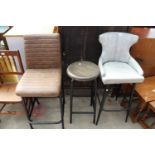 TWO MODERN HIGH BACK KITCHEN STOOLS ON TUBULAR FRAMES AND A SINGLE STOOL WITH WOODEN SEAT