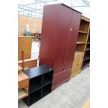 A MODERN MAHOANY EFFECT TWO DOOR WARDROBE WITH TWO DRAWERS TO BASE, 31" WIDE AND BLACK ASH EFFECT