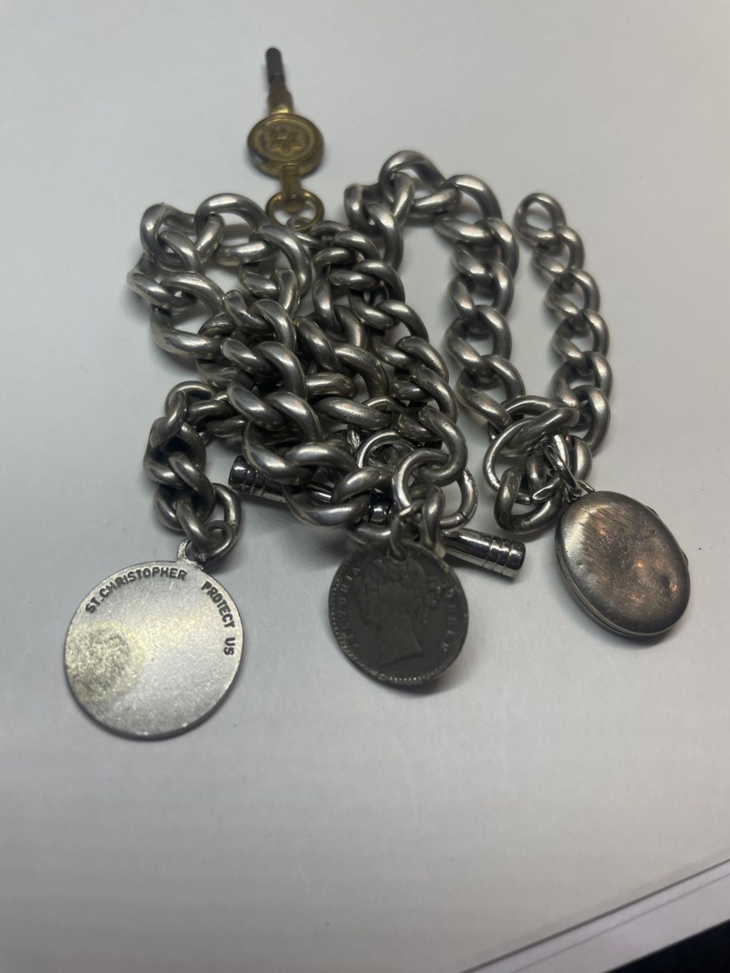 A SILVER DOUBLE ALBERT WATCH CHAIN WITH THREE FOBS AND A KEY - Image 2 of 4