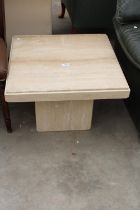 A MODERN 23.5" SQUARE POLISHED STONE LAMP TABLE, STAMPED MADE IN ITALY