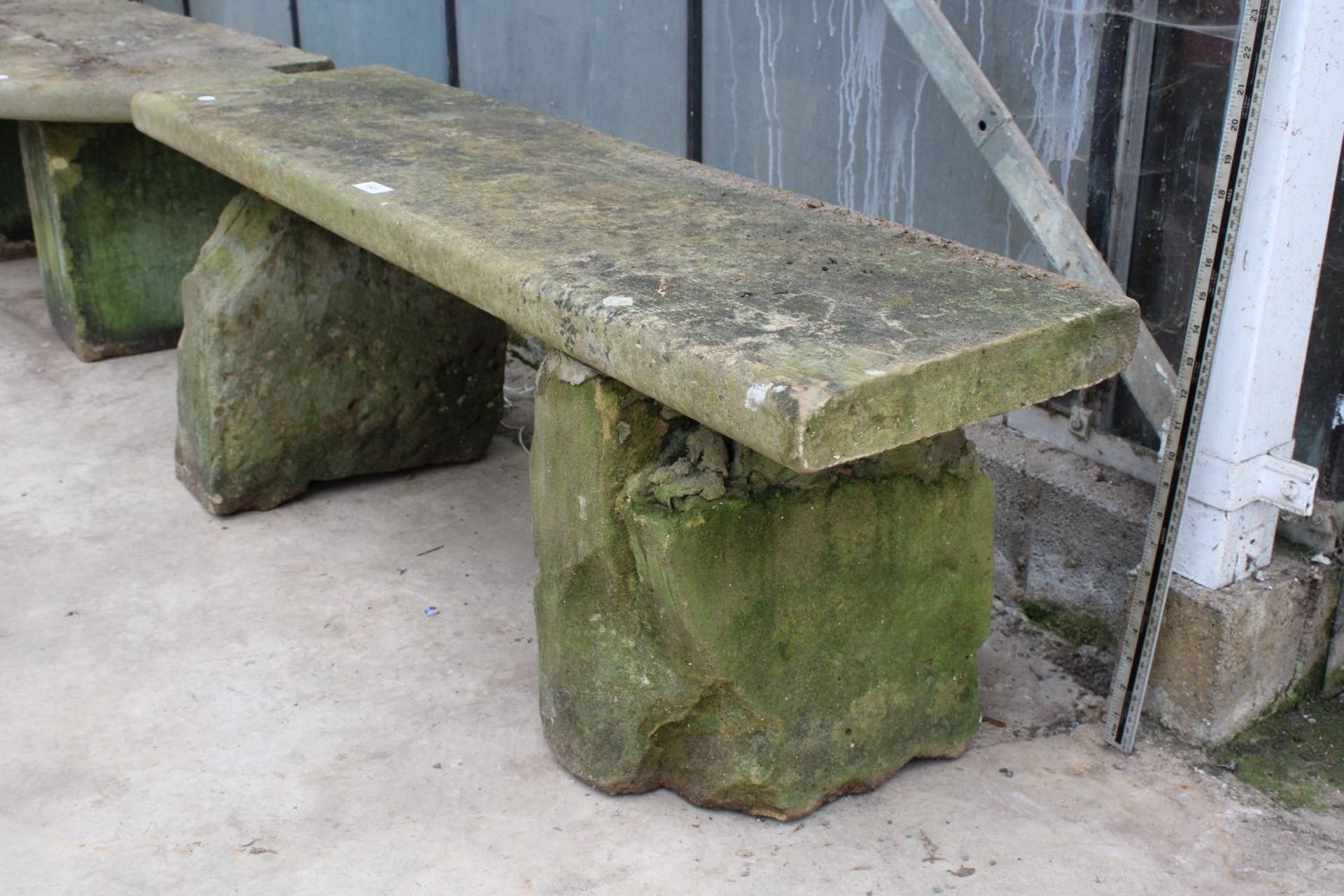 A YORK STONE BENCH WITH TWO PEDESTAL BASES (L:118CM) - Image 2 of 4
