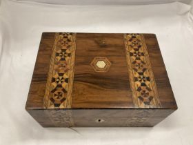 AN EARLY VICTORIAN ROSEWOOD ULTITY BOX WITH MARQUETRY AND NACRE 10" X 7" X 5"