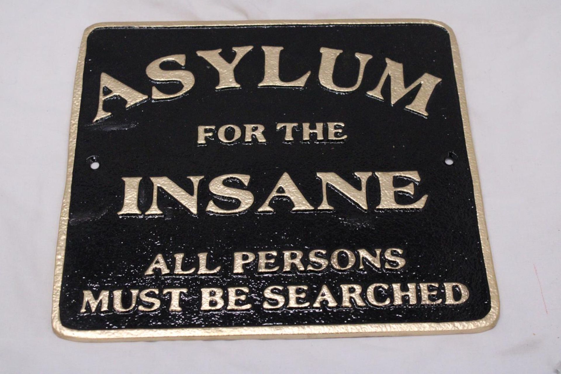 A CAST 'ASYLUM FOR THE INSANE' SIGN, 26CM X 23CM