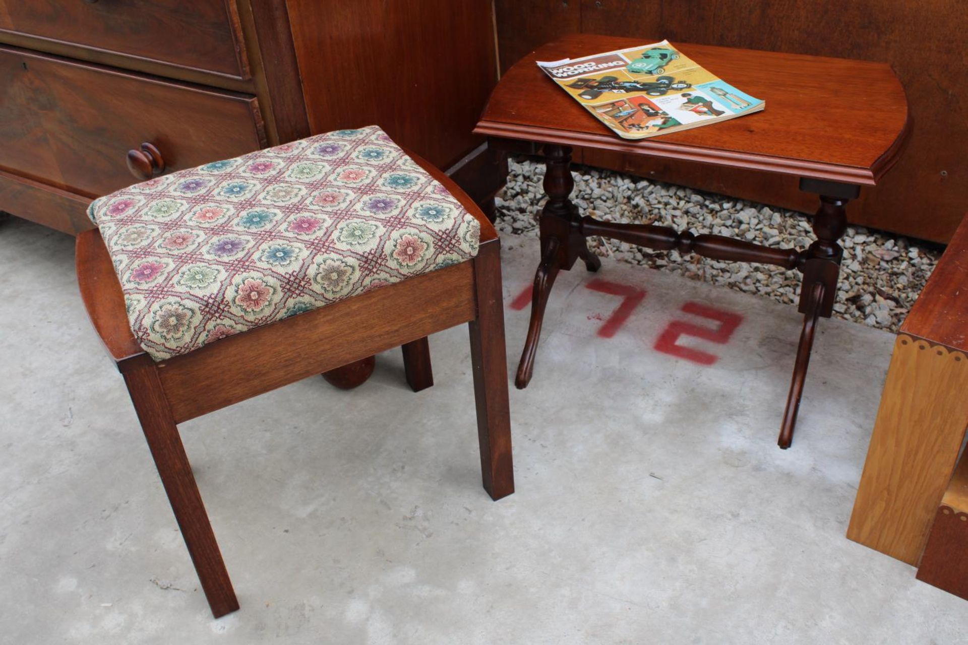 A MAHOGANY TWIN-PEDESTAL COFFEE TABLE AND MAHOGANYT PIANO STOOL WITH LIFT-UP SEAT