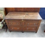 A GEORGE III OAK BLANKET CHEST WITH CARVED FRIEZE AND 4 SHAM DRAWERS, 52" WIDE