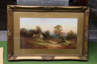 AN OIL ON BOARD OF A COUNTRY SCENE, IN A GILT FRAME, 64CM X 42CM