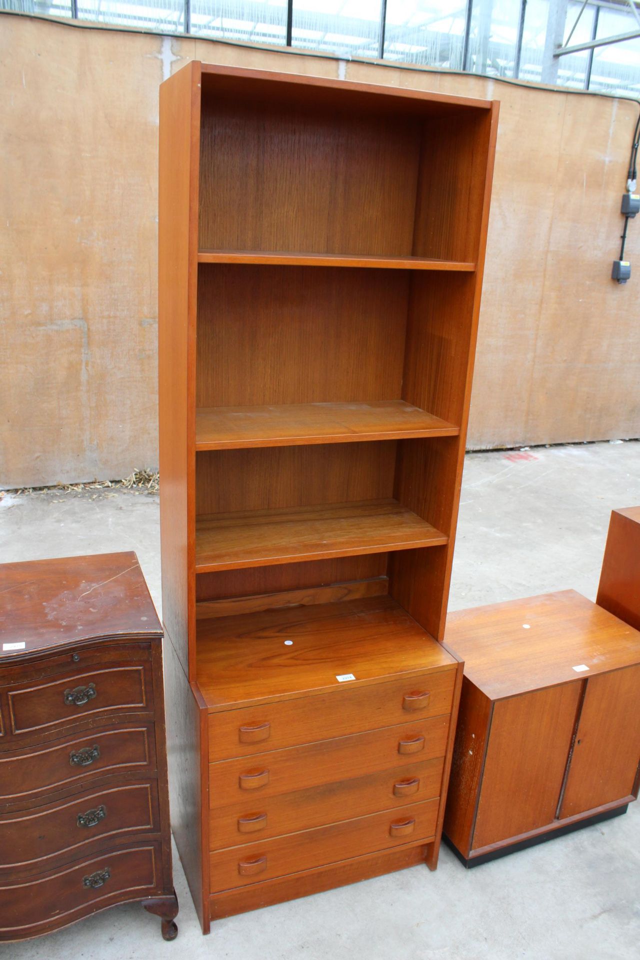 A MID CENTURY DANISH DOMINO DOBLER, RETRO TEAK BOOKCASE WITH FOUR LOWER DRAWERS