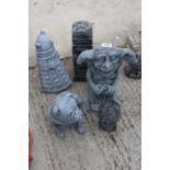 FIVE CONCRETE GARDEN FIGURES TO INCLUDE DOBBIE AND A DARLICK ETC