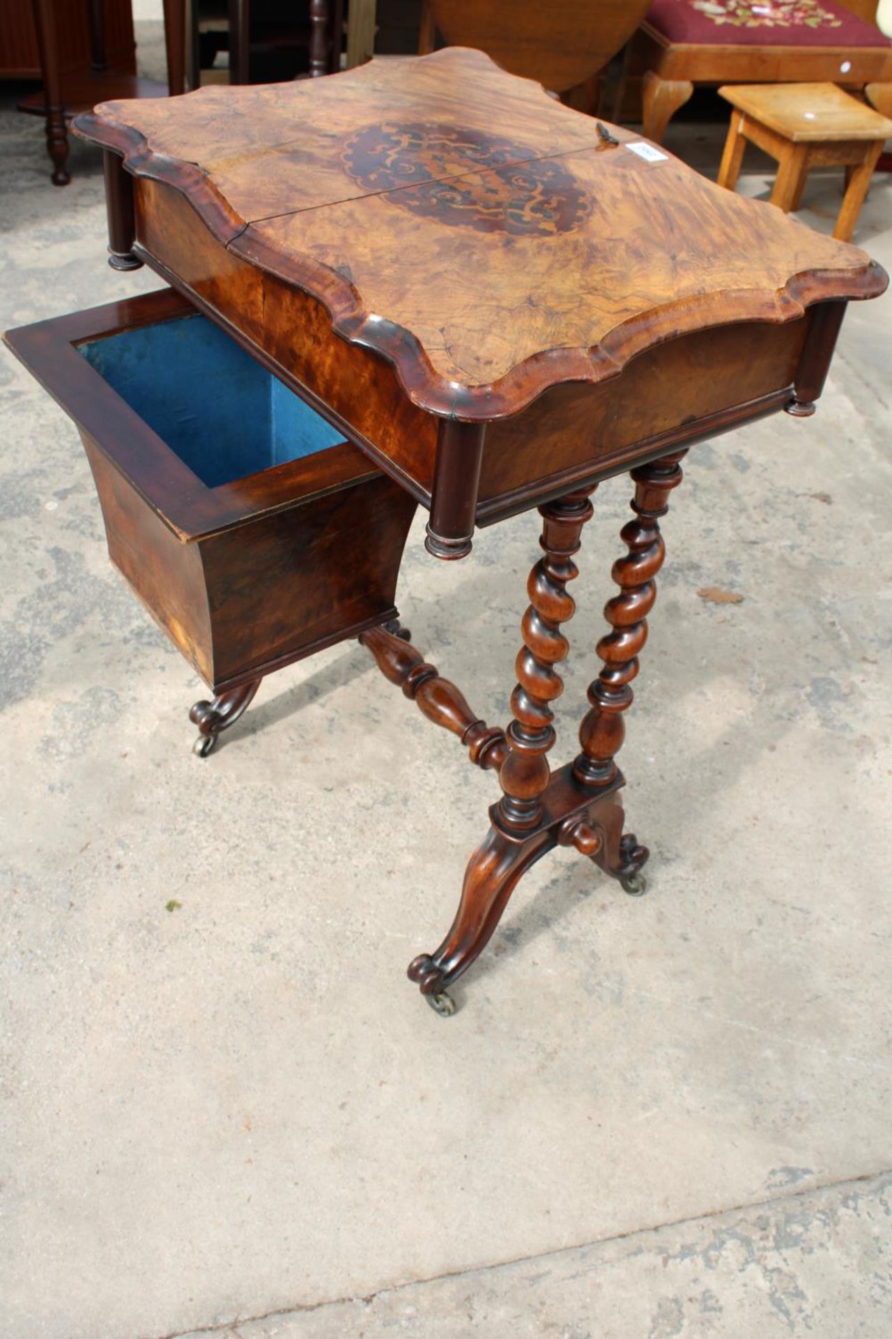 A VICTORIAN WALNUT SEWING TABLE WITH SLIDING TOP ENCLOSING 8 LIDDED COMPARTMENTS, ON BARLEY-TWIST - Image 10 of 10
