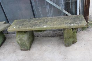 A YORK STONE BENCH WITH TWO PEDESTAL BASES (L:118CM)