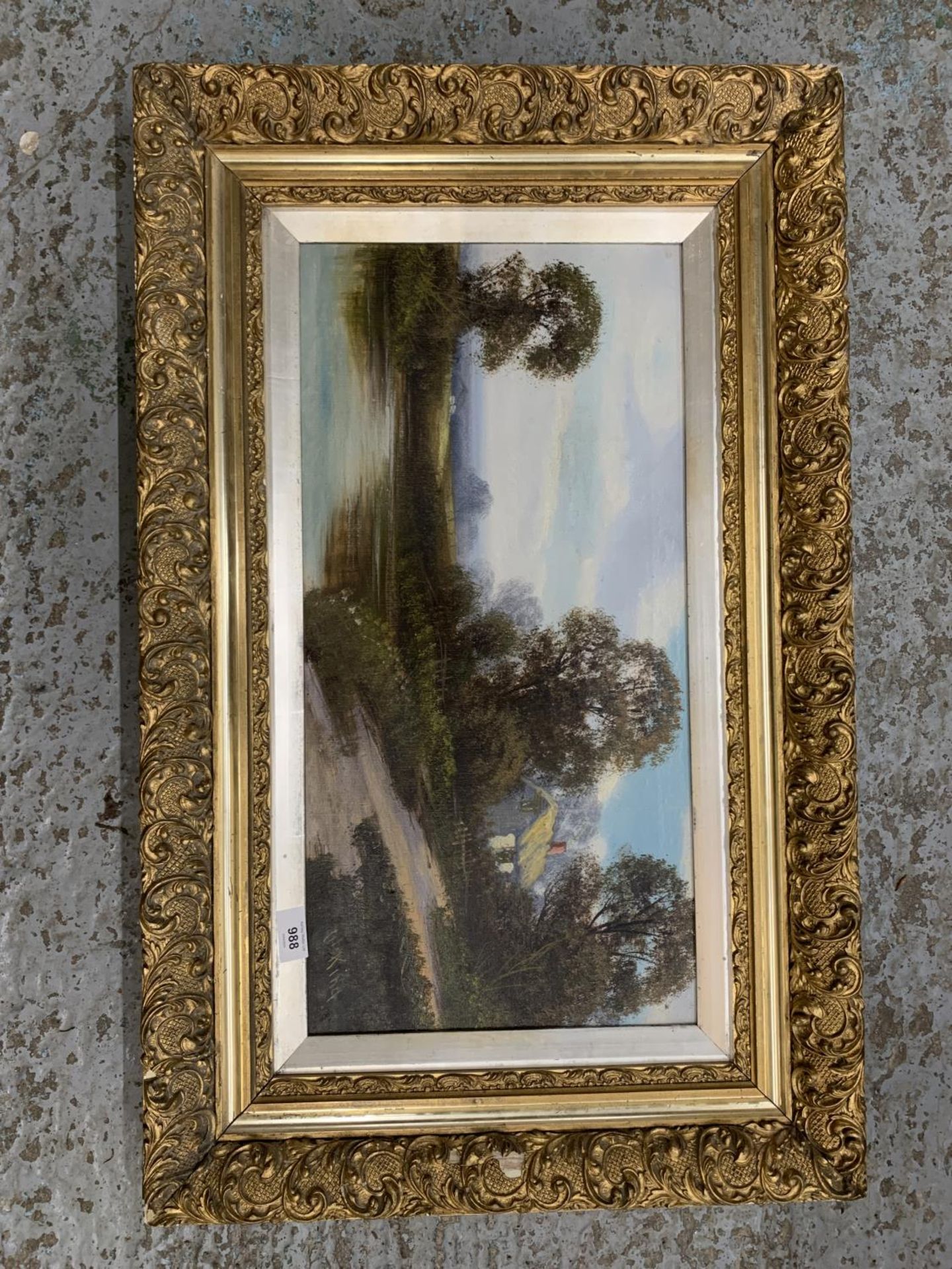 A FRAMED OIL ON CANVAS OF A COTTAGE AND RIVER SCENE, SIGNED KING, IN A GILT FRAME, 80CM X 50CM
