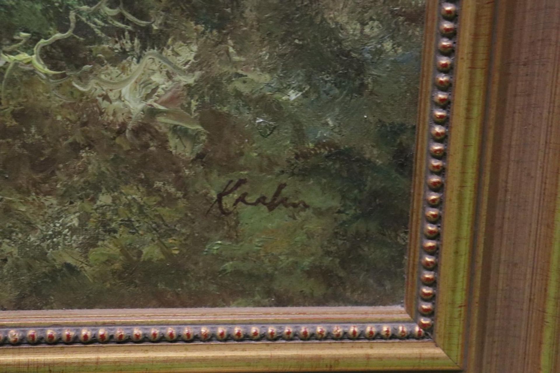A LARGE OIL ON CANVAS OF A WOODLAND RIVER SCENE, IN A GILT FRAME, WITH INDISTINCT SIGNATURE, 103CM X - Image 4 of 4