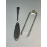 TWO HALLMARKED BIRMINGHAM ITEMS TO INCLUDE SILVER BUTTER KNIFE AND A SET OF TONGS GROSS WEIGHT 25.
