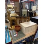A MIXED LOT TO INCLUDE A REINDEER TEELITE HOLDER, JEWELLERY BOX, WALL PLAQUE, STORAGE BOXES, ETC.,