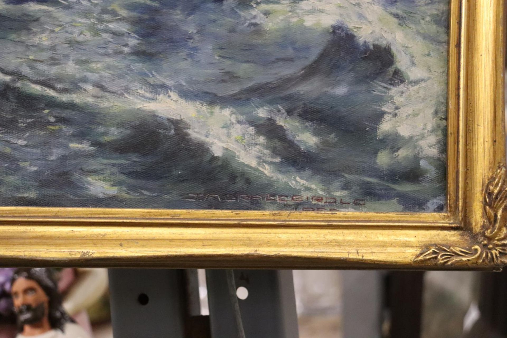 A SIGNED FRAMED OIL ON CANVAS OF A SAILING SHIP ON STORMY SEAS - Image 3 of 5