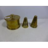 THREE BRASS WORLD WAR I TRENCH ART SHELL CASES IN THE FORM OF A BOX AND LIGHTER AND A LID, LIGHTER