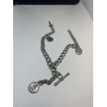 A SILVER DOUBLE ALBERT WATCH CHAIN WITH THREE FOBS AND A KEY