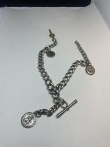 A SILVER DOUBLE ALBERT WATCH CHAIN WITH THREE FOBS AND A KEY